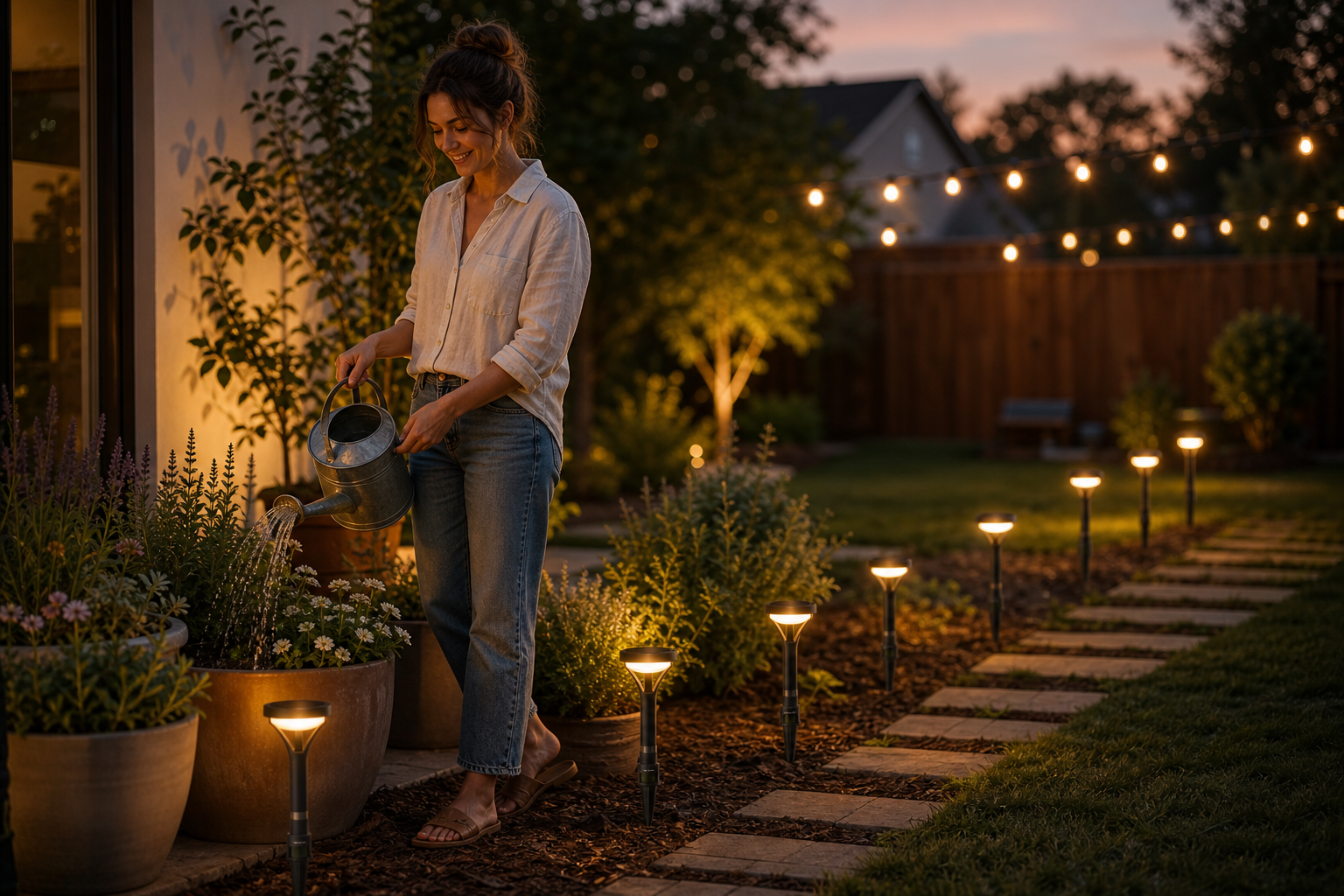 Evening backyard path with warm solar stake lighting